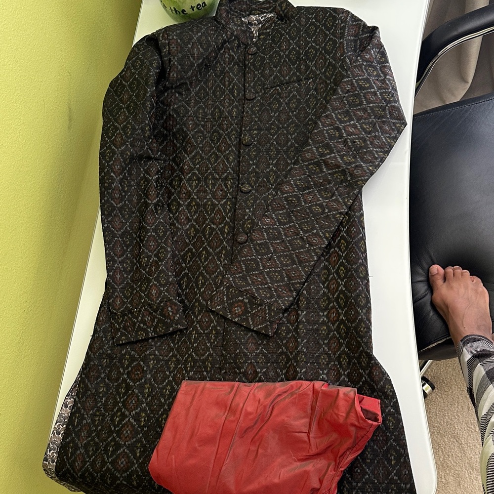 Kids black silk ikkat  print indian kurta and pajamaSlim fit.
